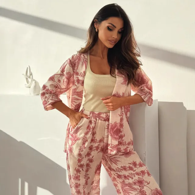 

Весна/осень 2022, повседневный праздничный женский комплект, модный кардиган с укороченными рукавами и принтом + брюки с эластичной резинкой на талии, комплект из двух предметов