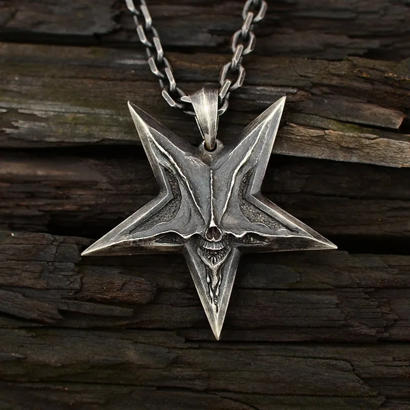 Vintage Mens Satanic Inverted Pentagram Skull Pendant Necklace for Men Punk Demon Chaos Star Skull Necklace Baphomet Jewelry