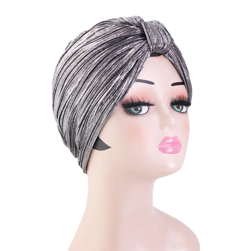 New Women Muslim Indian Turban Chemo Cap Bandana Hijab Hair Loss Hat Pleated Glitter Shiny Beanies Bonnet Turbante Mujer