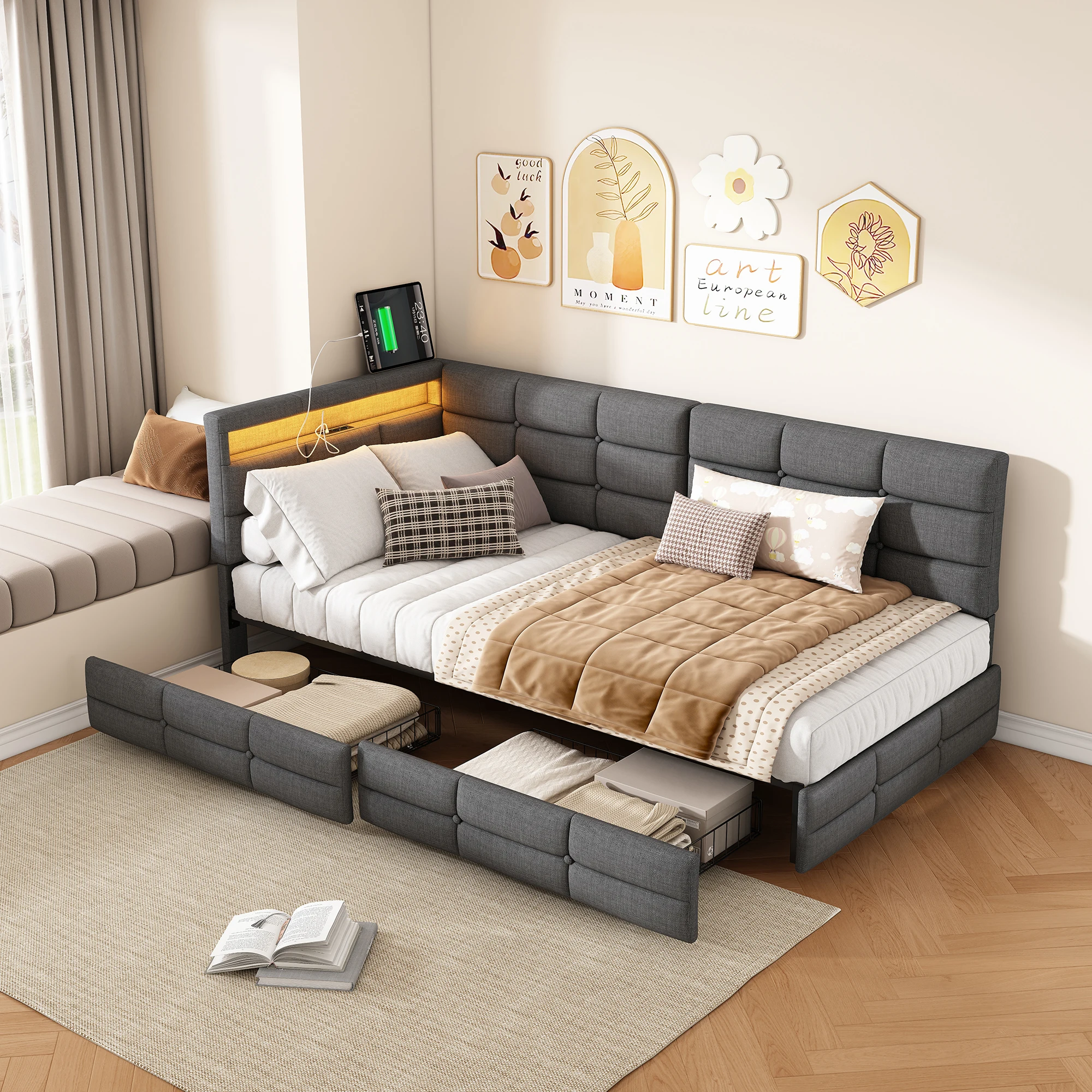 Rosahqnda L-förmiges Schlafsofa 140x200cm mit 2 Aufbewahrungsschubladen, Tagesbett, Einzelbett, Kinderbett, Jugendbettgestell, graues Leinen