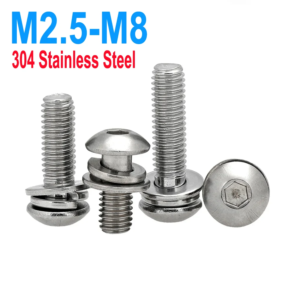 

5/50pc M2.5 M3 M4 M5 M6 M8 304 Stainless Steel Hexagon Hex Socket Button Head SEM Screw Bolt With Flat Spring Washer Combination