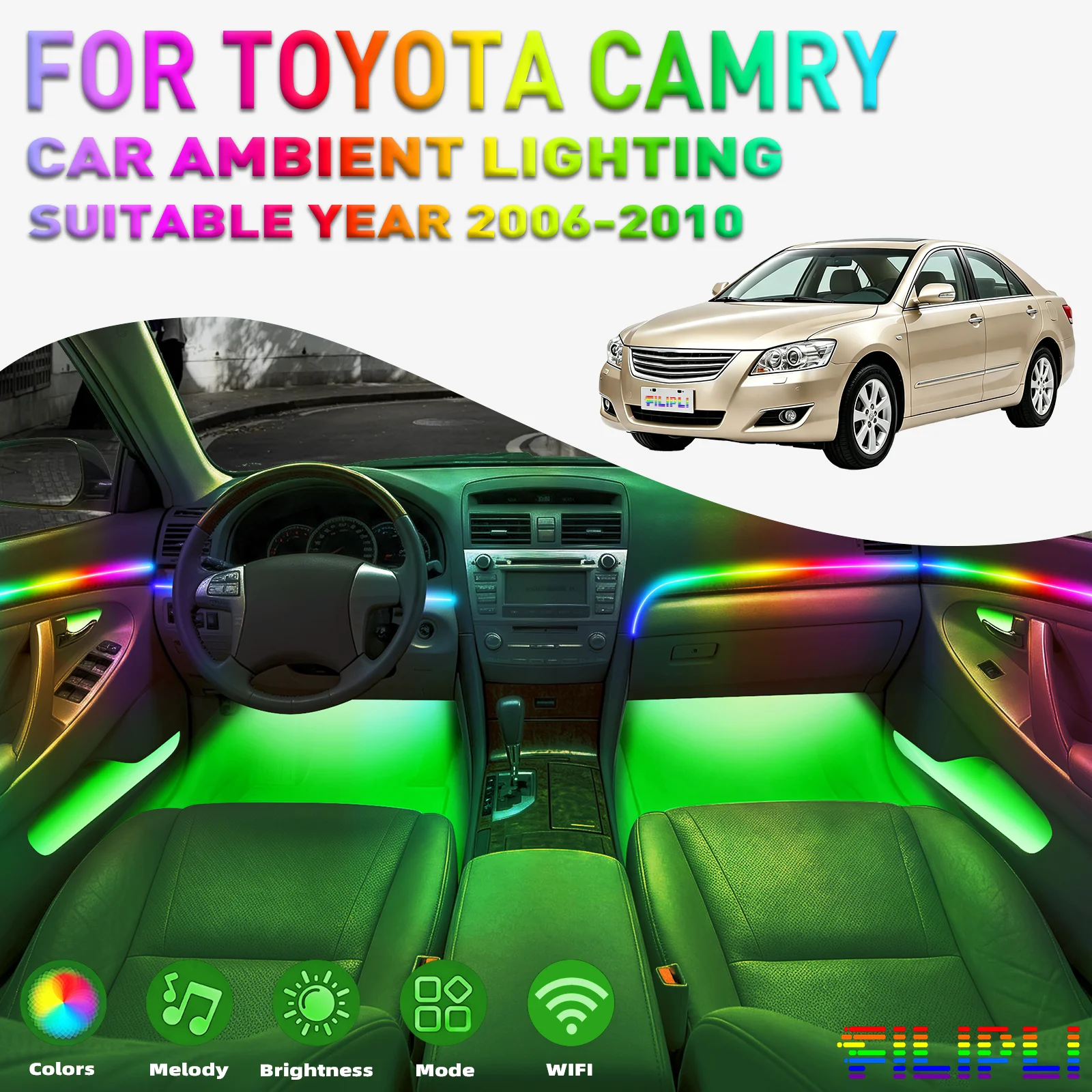 For TOYOTA Camry 2006-2010 Car Ambient Lighting colorful 18 Lights Kit 256 Colors Iridescent 18 in 1 LED Interior Hidden Acrylic Strip Symphony Atmosphere Lamp Neon Acrylic Light Strip Lighting and Decorative Lamps Long Standby Car Decorative Light