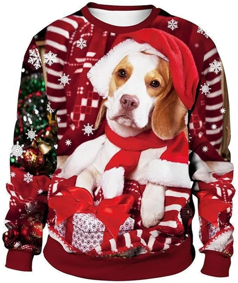 Full Print Animal Dog Christmas Sweatshirts For Men Long Sleeve Large Size Pullover Hoodies Cothes Men Xmas Gift Clothes