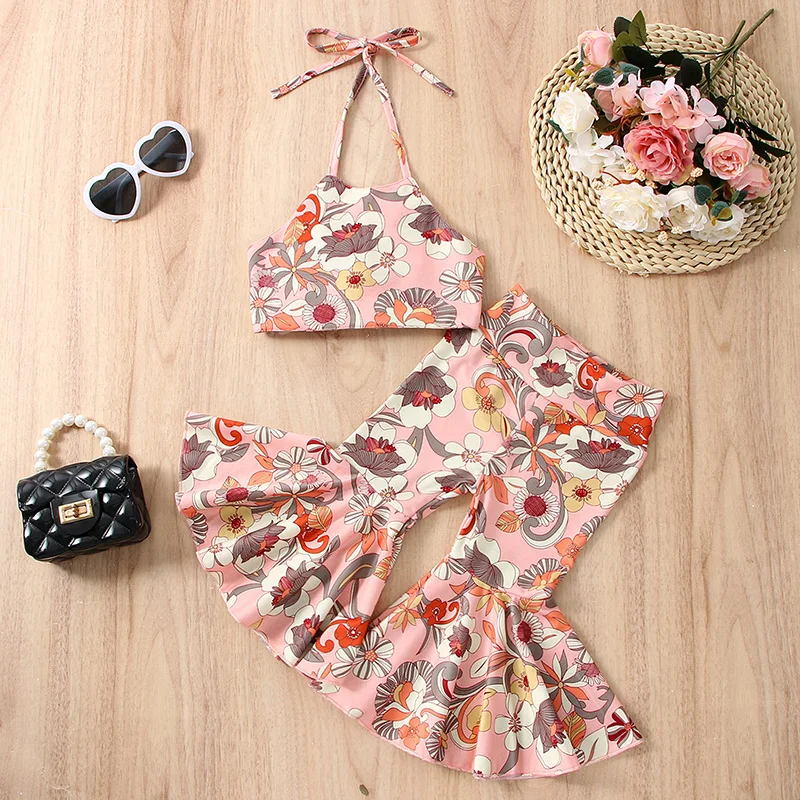 Kids Girls Summer Outfits Summer Floral Print Sleeveless Halterneck Tops and Casual Flared Pants Set