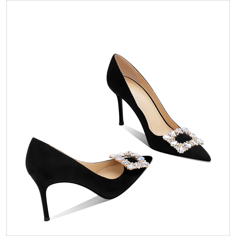 

Elegant Black Suede High Heels Women Shoes 5cm Rhinestone Pointed Toe Pumps 2025