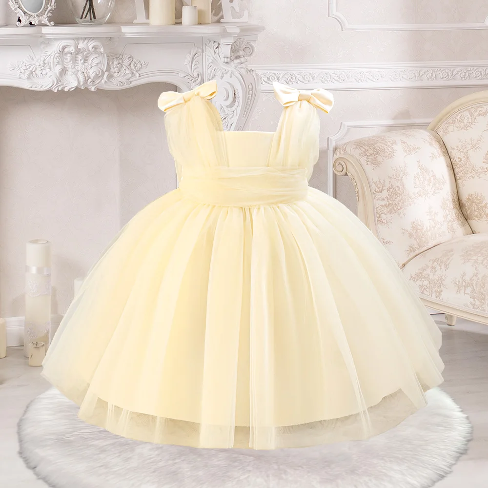 Infant Christmas Bow Baby Girls Party Dresses Elegant Tulle Pink 1st Birthday Princess Prom Dress for Kids Gala Wedding Costume