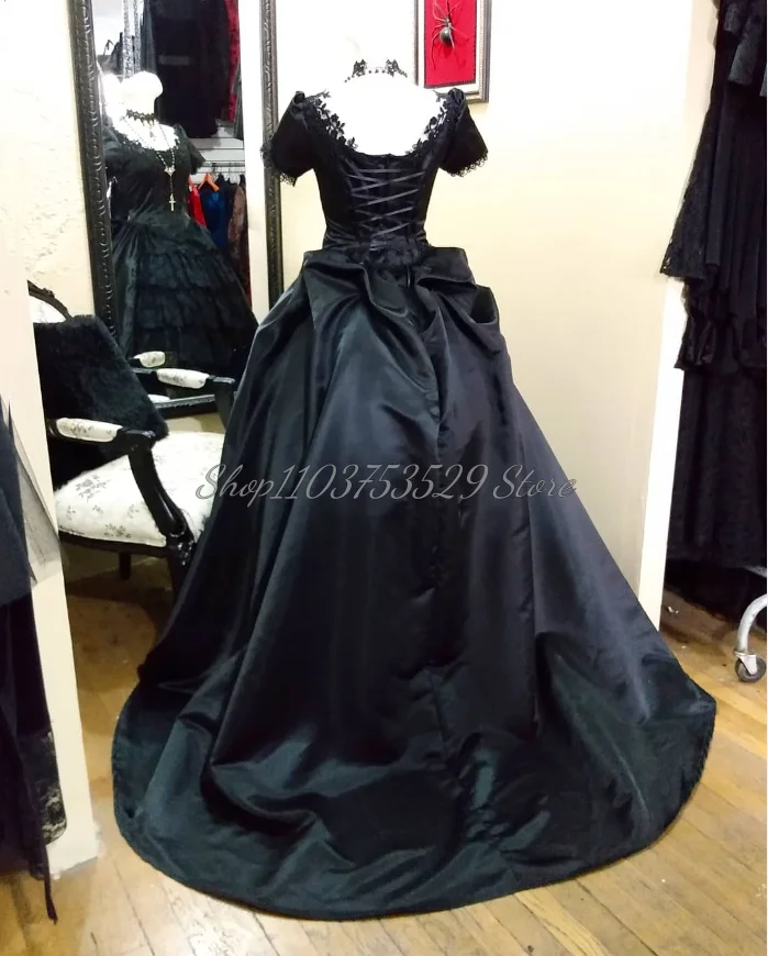 Vintage vitoriano preto vestidos de baile gótico manga curta rendas até plus size renda apliques plissado em camadas sem costas bowknot personalizado
