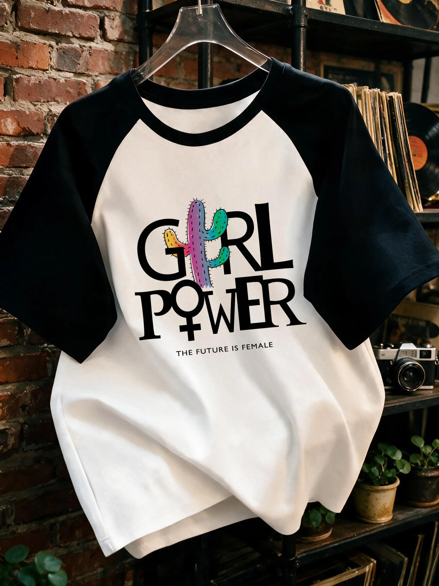 Letter and Cactus Print Tees Tops Women's Casual Crew Neck Raglan Short Sleeve T-shirt Graphic Y2k T Shirt Outfit Clothes Female