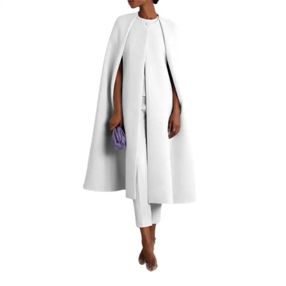 Freeacy Women's Autumn Elegant Clothes Round Neck Long Cape Outerwear & High Waist Pants Solid Color Party Wear Two-piece Sets
