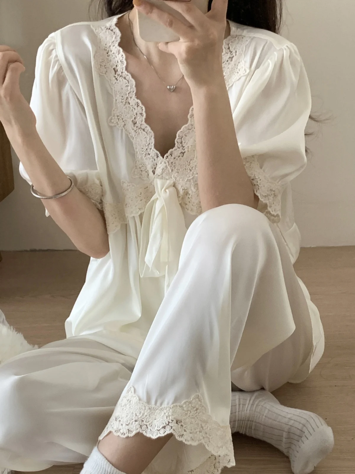 French Lace Trim Bow Ice Silk Short Sleeve Pajamas for Women Sweet Princess Cool Comfortable Casual Loose Japanese Ins Home Wear