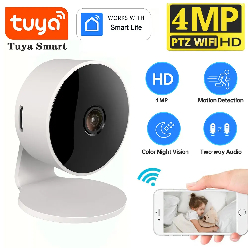 4MP WiFi-camera Tuya Smart Indoor Draadloze IP-bewakingscamera AI Detecteer Nachtzicht Babyfoon Ondersteuning Google Home Alexa