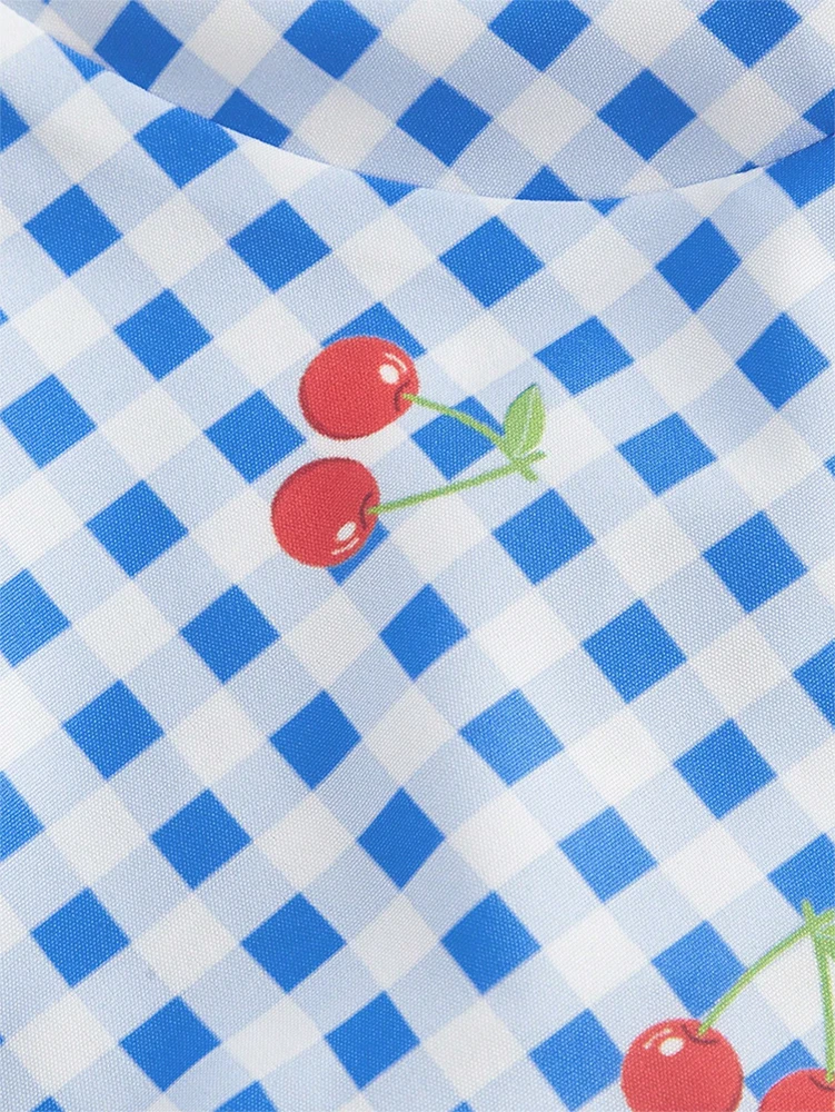 Set minigonna a canotta con stampa ciliegia a quadretti blu e bianchi da donna: top a canotta + minigonna svasata, dolce abito da vacanza retrò