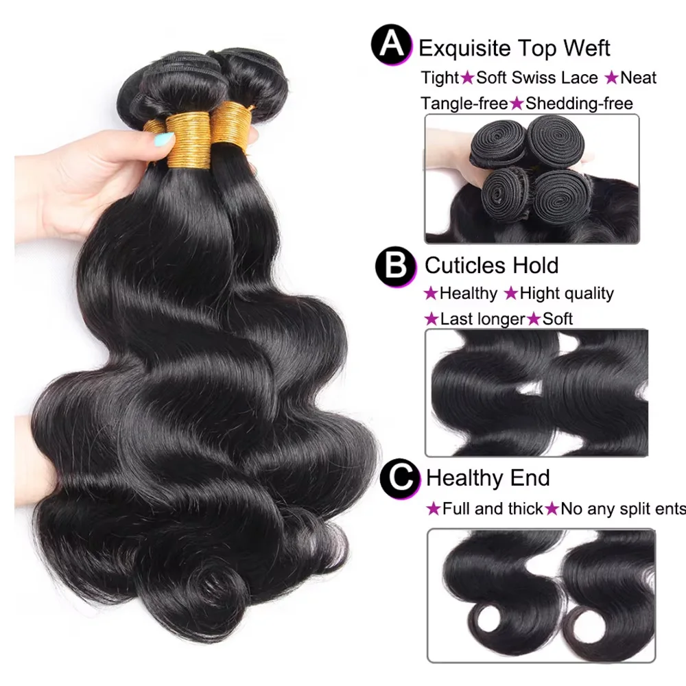 Tissage en lot Body Wave brésilien naturel, cheveux Remy, extensions de cheveux humains, noir naturel, 10-40 pouces, 1/3/4 pièces