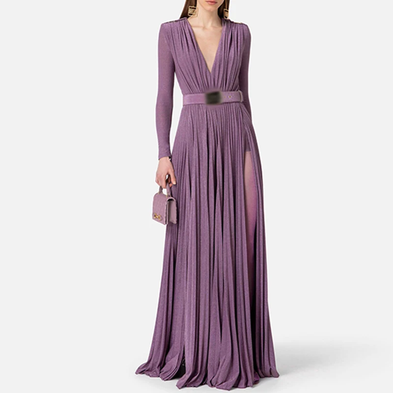 Sexy High Waist Belted Ruched Pleated Luxury Dresses Women Spring V Neck Split Party Long Dress Fall Long Sleeve Boho Maxi Dress