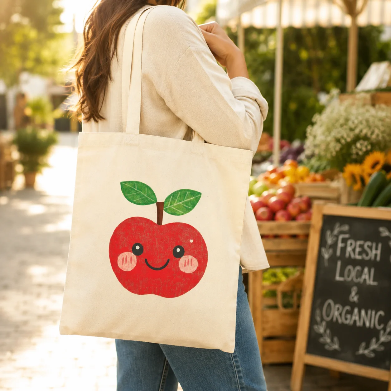 Cute Smiling Red Apple Canvas Tote Bag Retro Fruit Cartoon Print Shoulder Bag Reusable Grocery Shopping Handbag for Women