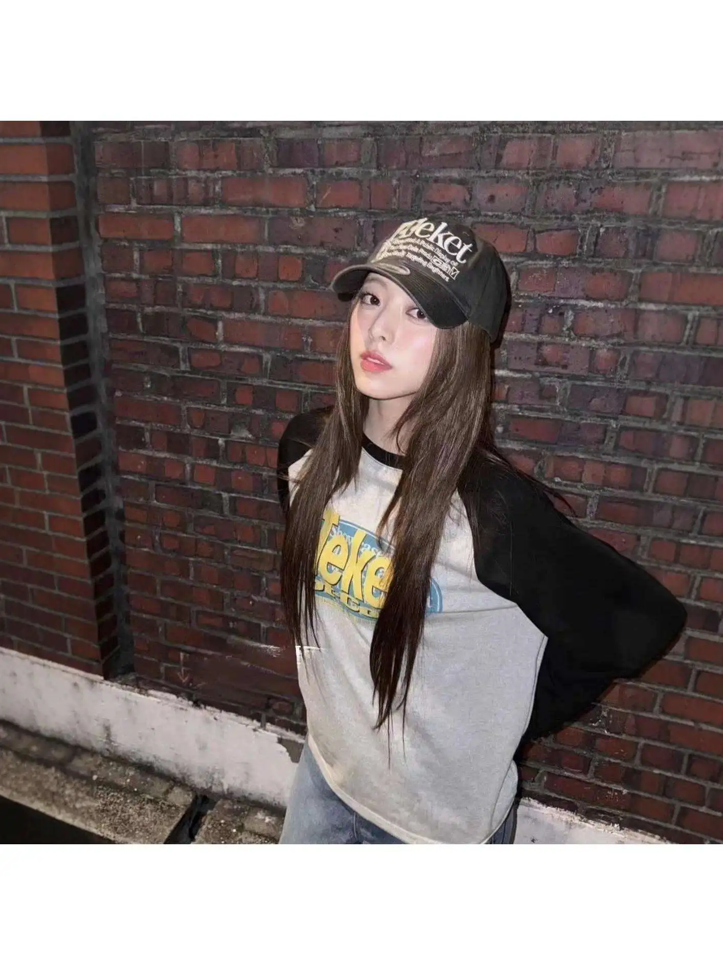 Teke Shinyou Na American Retro Shoulder Sleeve Letter Print Long Sleeve Women's T-shirt Autumn New Style Polyester Fiber