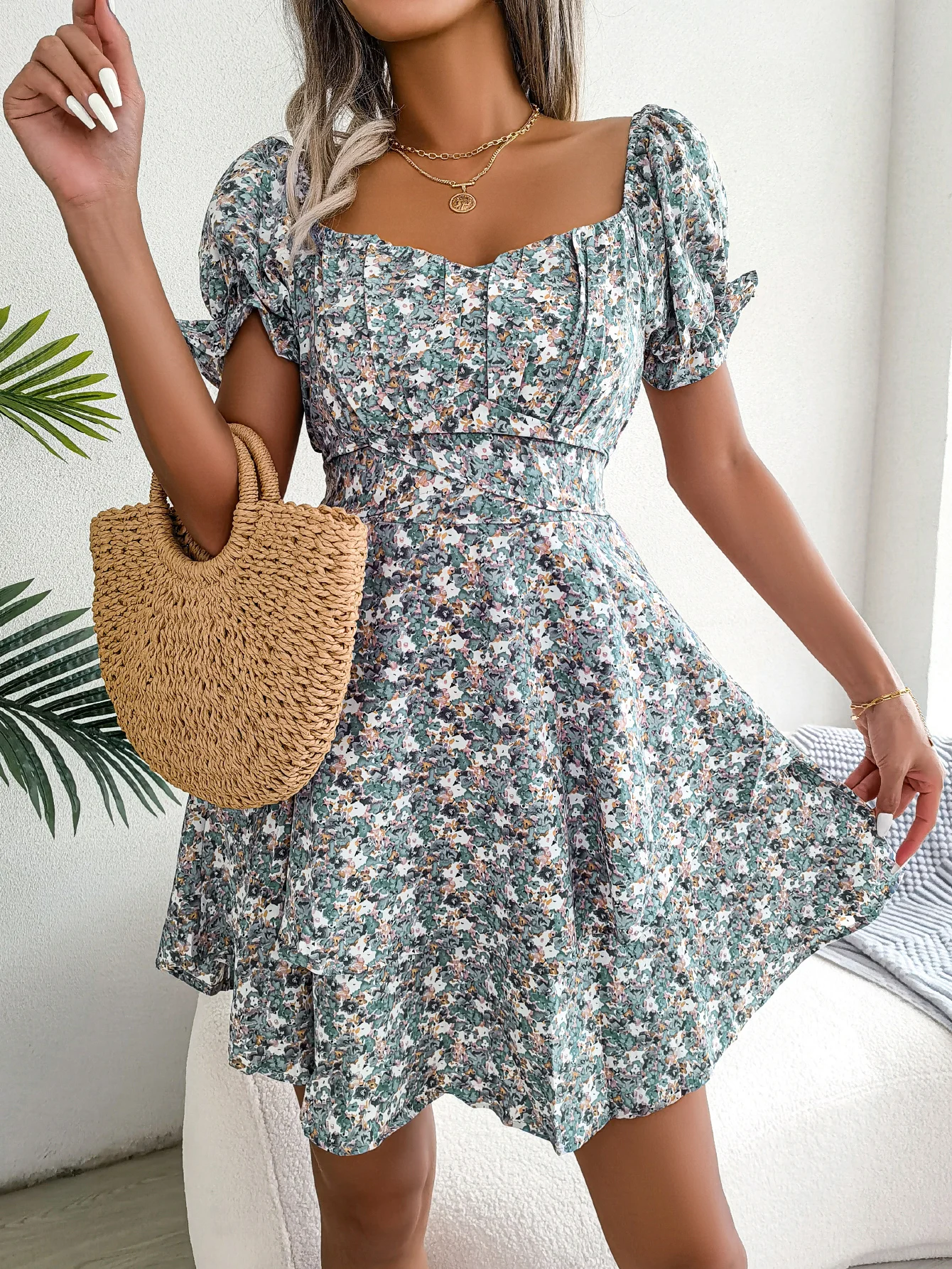 Spring Summer Elegant Floral Print Puff Short Sleeve Pleated Dress 2026  Casual Square Neck Lace Up Knee Length Dresses for Women - AliExpress