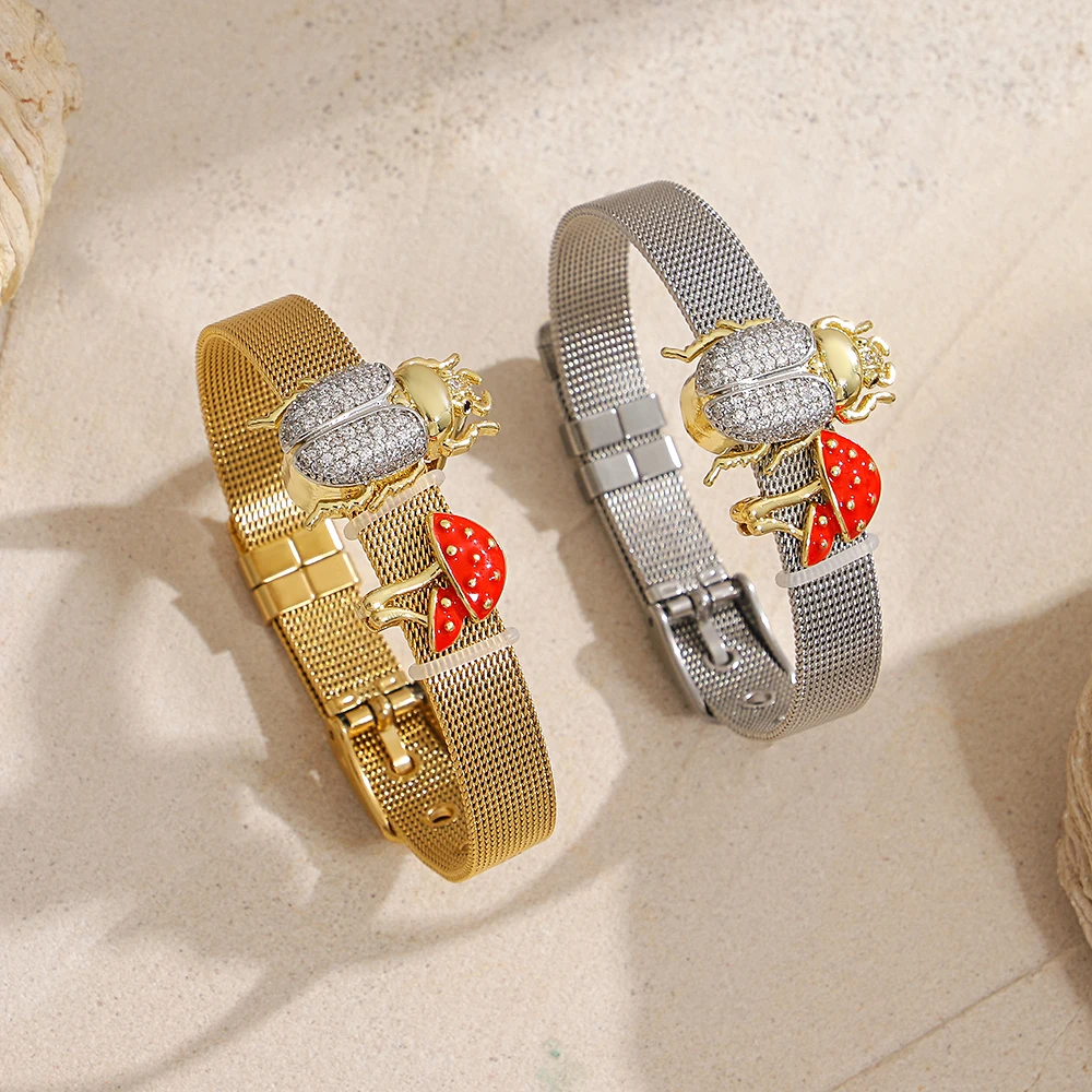 

Creative Waterproof Beetle Mushroom Watch Strap Bracelet for Women Adjustable Stainless Steel Wide Bangle Jewelry Gift