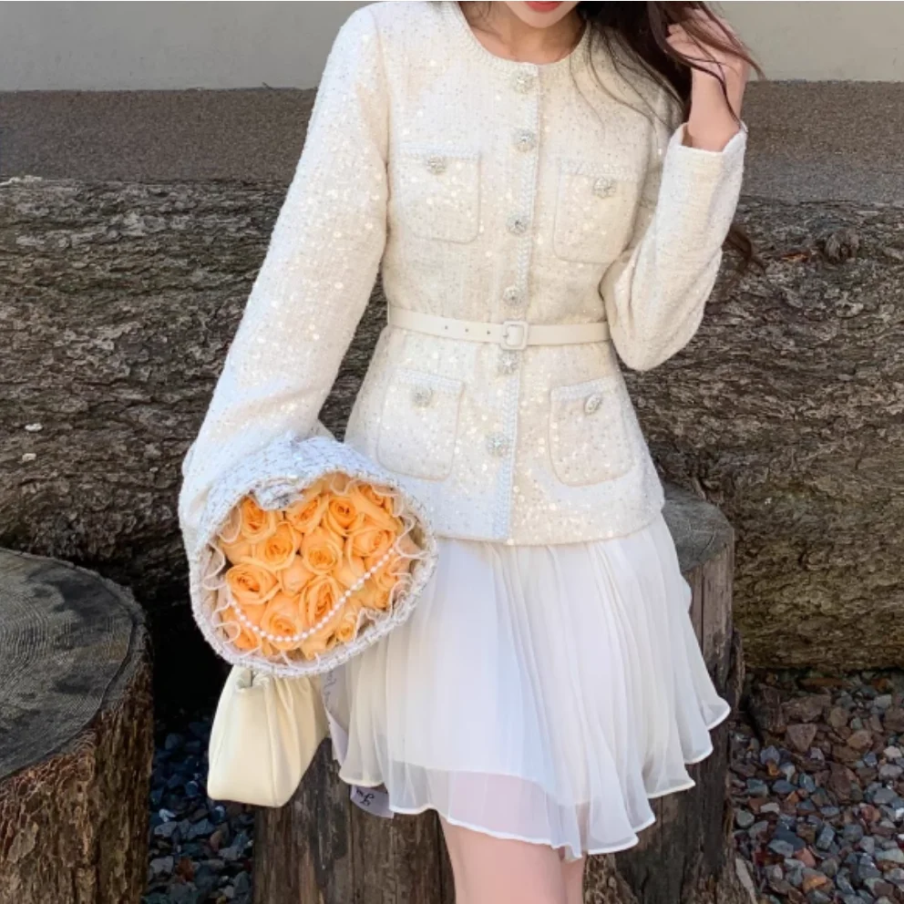 

High Quality Women Short Tweed Dress New Autumn/winter New Women's Long Sleeved Beige Sequined Woolen Patchwork Dresses 52122