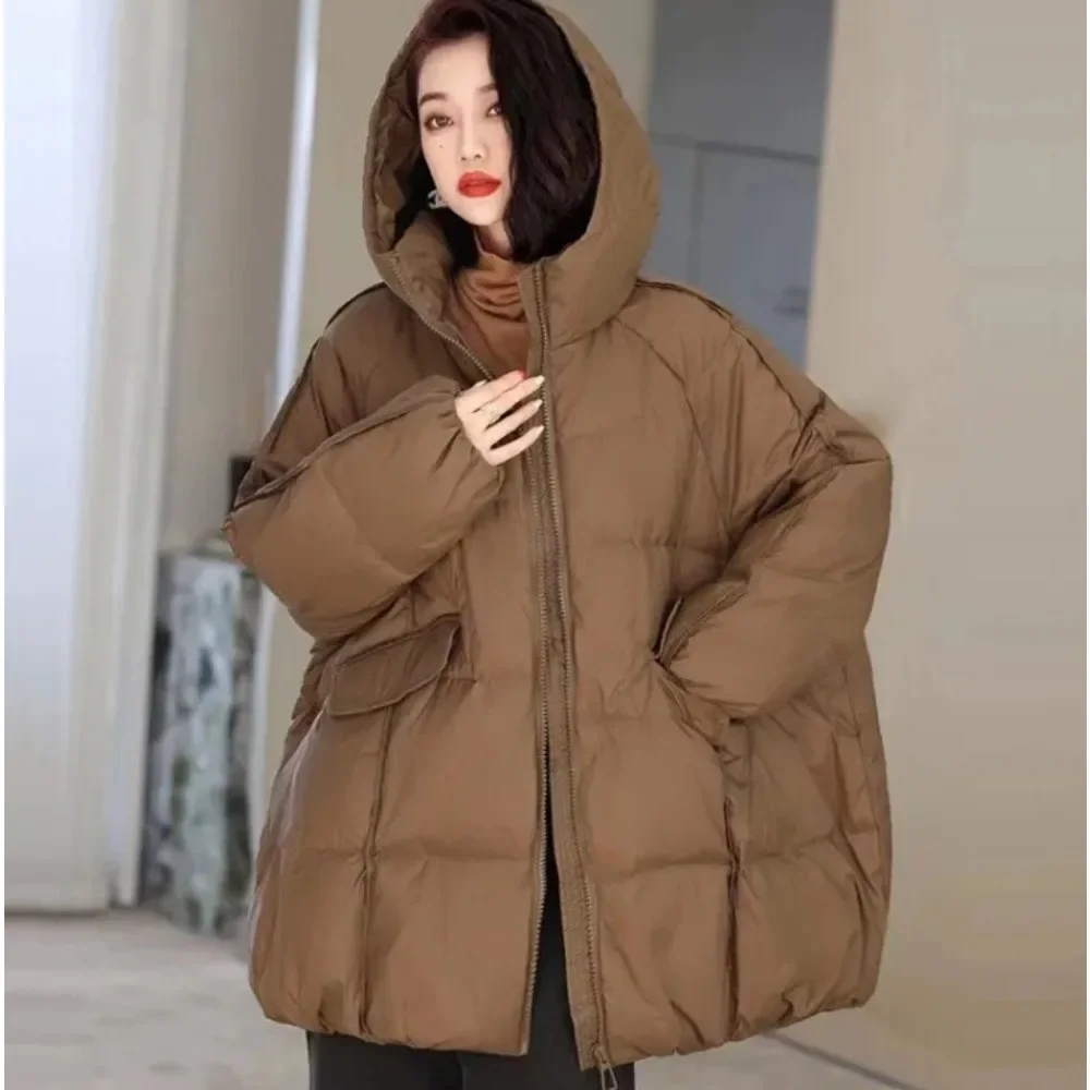 Oversized down jacket women\'s casual loose parka pocket coat New winter women\'s white duck down jacket hooded plus size warmth