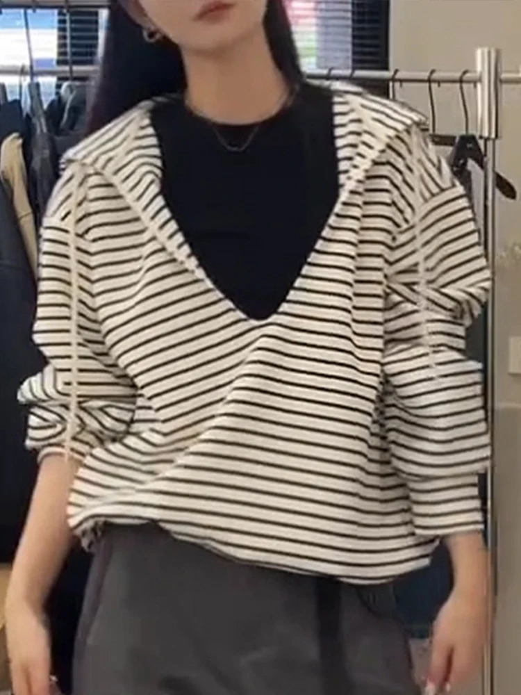 

Свободная женская толстовка с длинными рукавами и V-образным вырезом в корейском стиле, с лоскутным узором, удобная, универсальная, осенняя новинка, повседневный топ