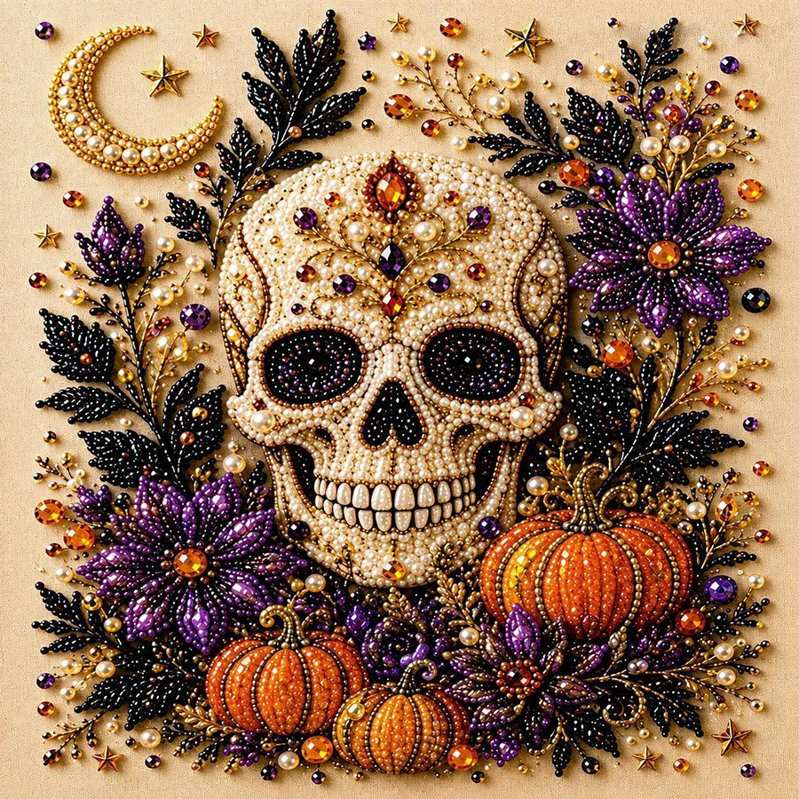 Halloween Hexen-Geister-Perlen-Kunst-DIY-Set, Perlen-Malset für Erwachsene, Halloween-Perlen-Diamant-Malerei (verschiedene Designs verfügbar: Highland-Kuh, Hexe, Geist, Kürbis, Schwarze Katze, Totenkopf, Krähe), handge – Detail 8