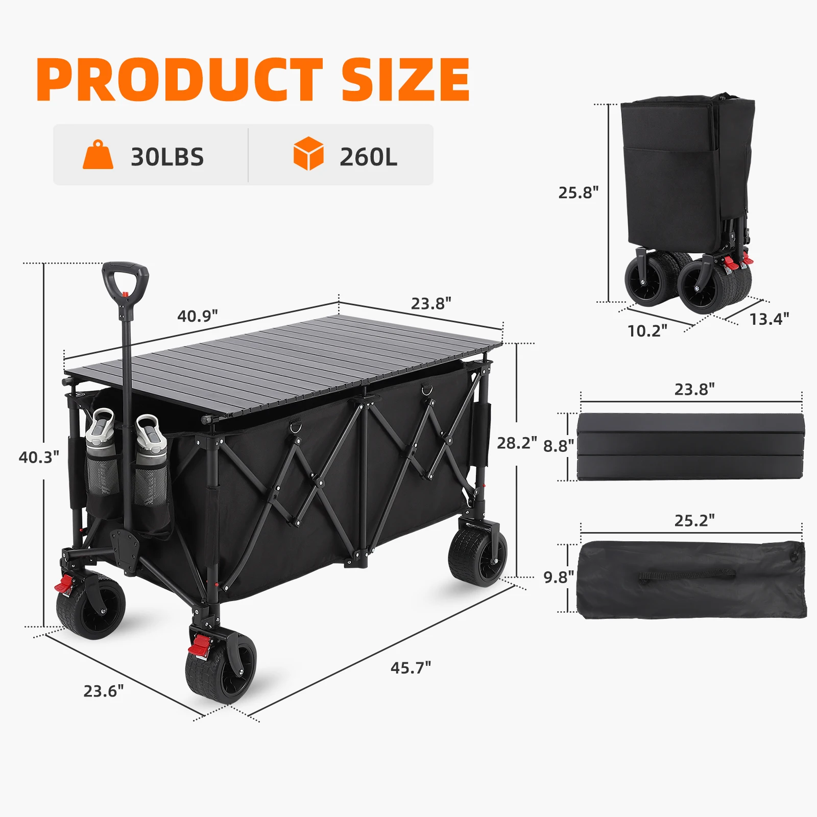 260L Collapsible Foldable Wagon,Outdoor Utility Garden Cart with 440lbs Weight Capacity,With Table Top, Cup Pockets Brakes