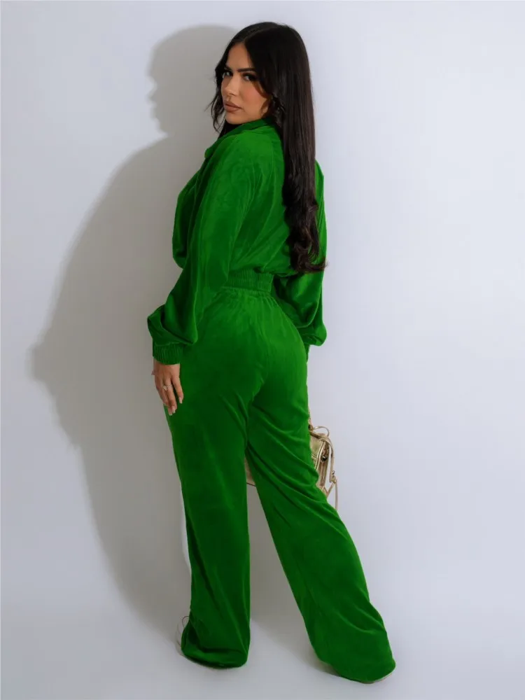 Damski komplet dwuczęściowy na jesień i zimę, jednolity kolor, rozpinany kardigan na zamek, top, sznurowane długie spodnie, wygodny strój do biura.