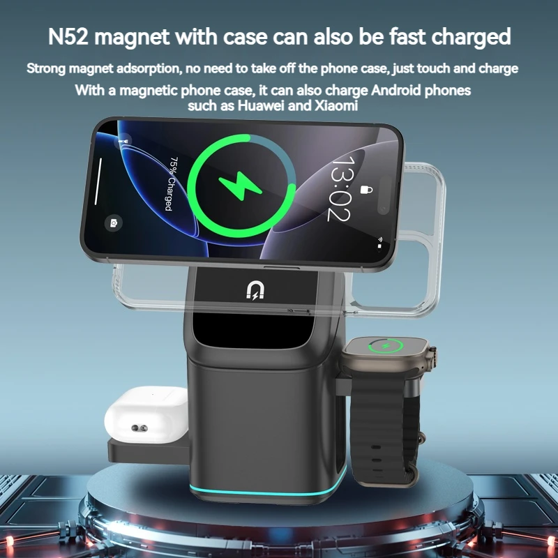 3 in 1 Wireless Charger - Electric Rotating Magnetic Charging Station for iPhone 16/15/14 Pro Max/Samsung, Phone Watch Earbuds - náhled 3