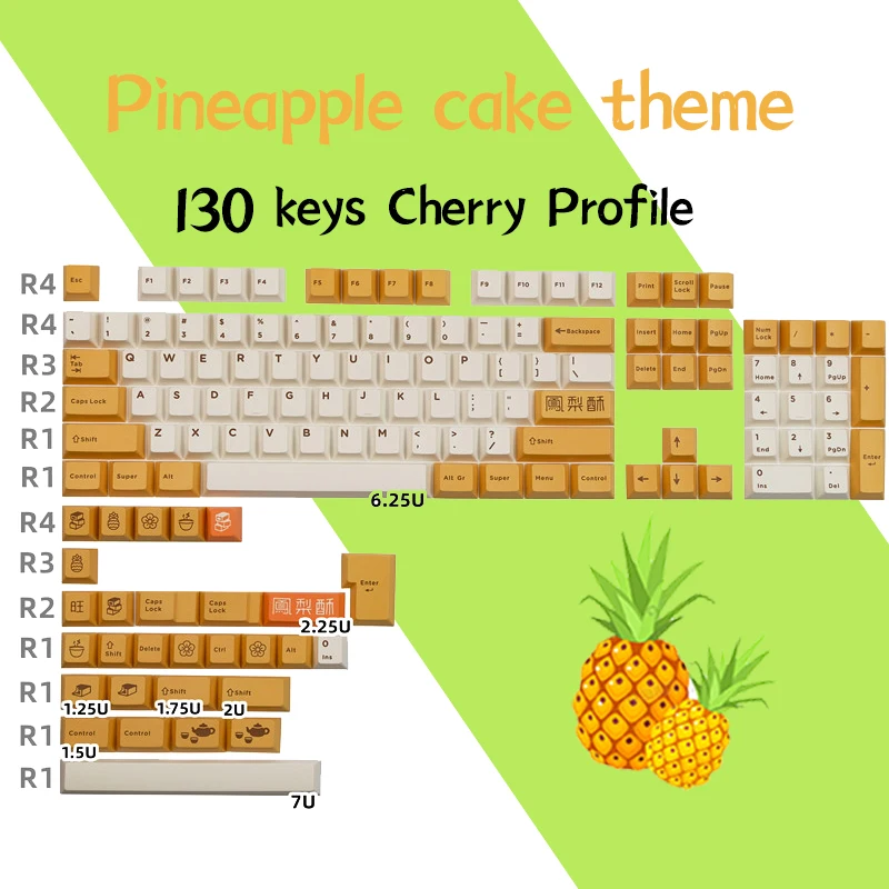 

130 Keys/set Pineapple cake Keycaps PBT Dye Subbed Key Caps Cherry Profile Keycap For Keychron 65% 75% GH60 GK64 Ciy68 FL980