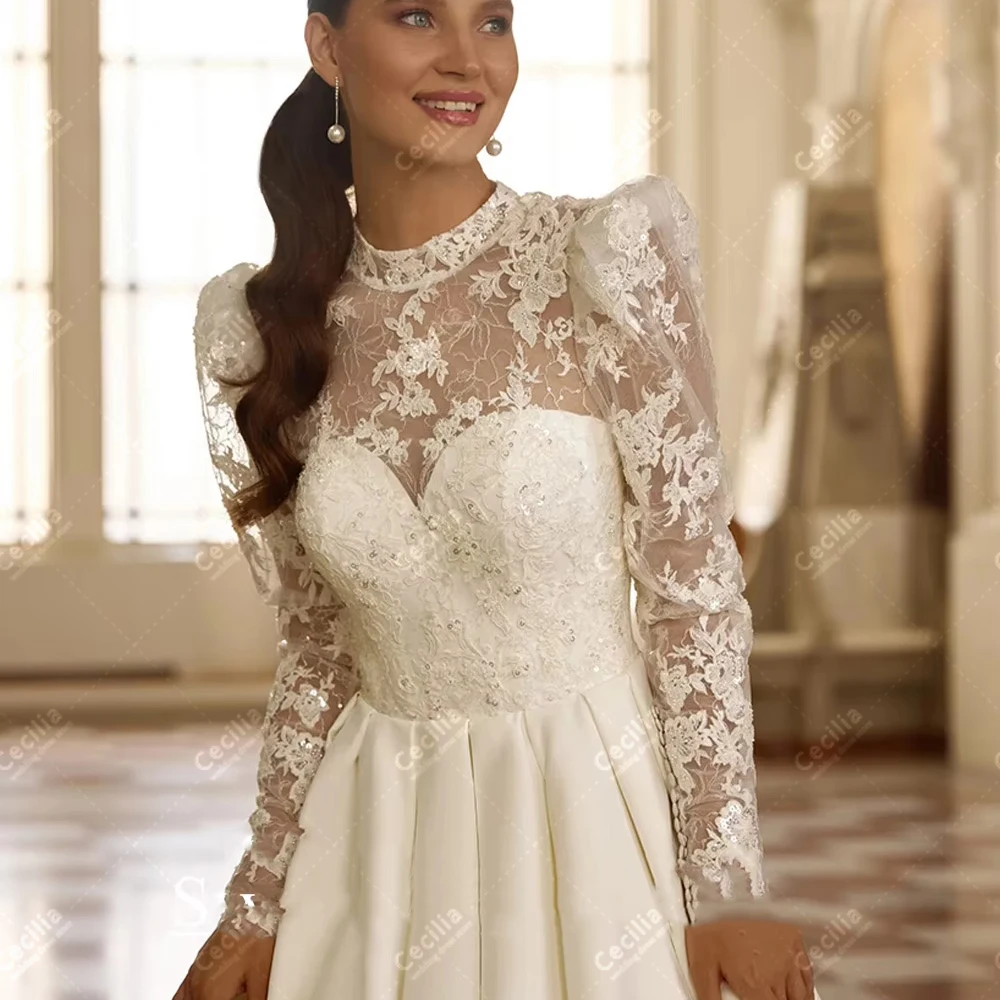 فساتين زفاف عتيقة زي العرائس الكلاسيكية دانتيل زينة كم كامل رداء رشيق رقبة دائرية مخصصة Vestidos De Novia 2026