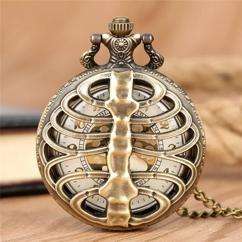 

Steampunk Bronze Hollow Spine Ribs Quartz Pocket Watch Men Women Necklace Pendant Sweater Chain Timpiece Arabic Number Best Gift