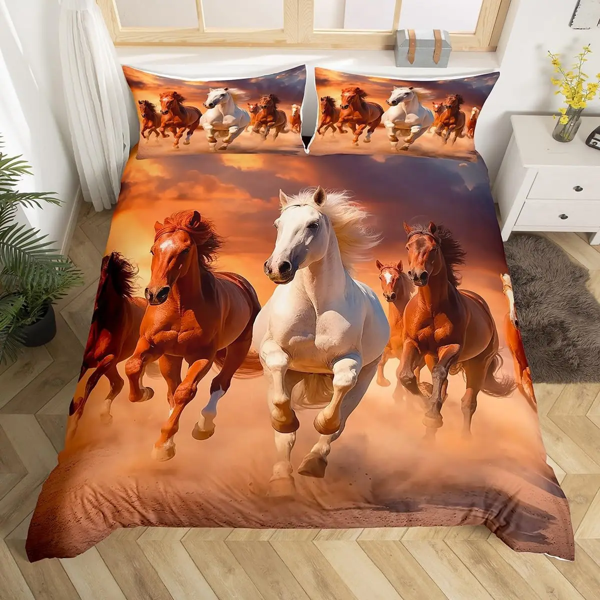 Kids Horse Bedding Set Twin Size,Galloping Horse Comforter Cover Boys Girls Wild Animal Duvet Cover Galaxy Print Bedspread Cover