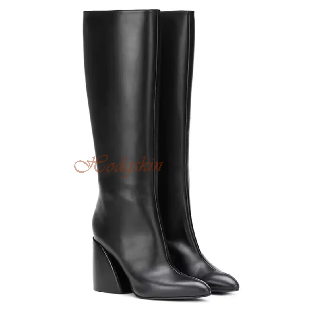Weave Chunky High Heels Boots Pointy Toe Solid Stone Pattern Boots Knee High Winter Party Side Zipper Women Shoes Designer New