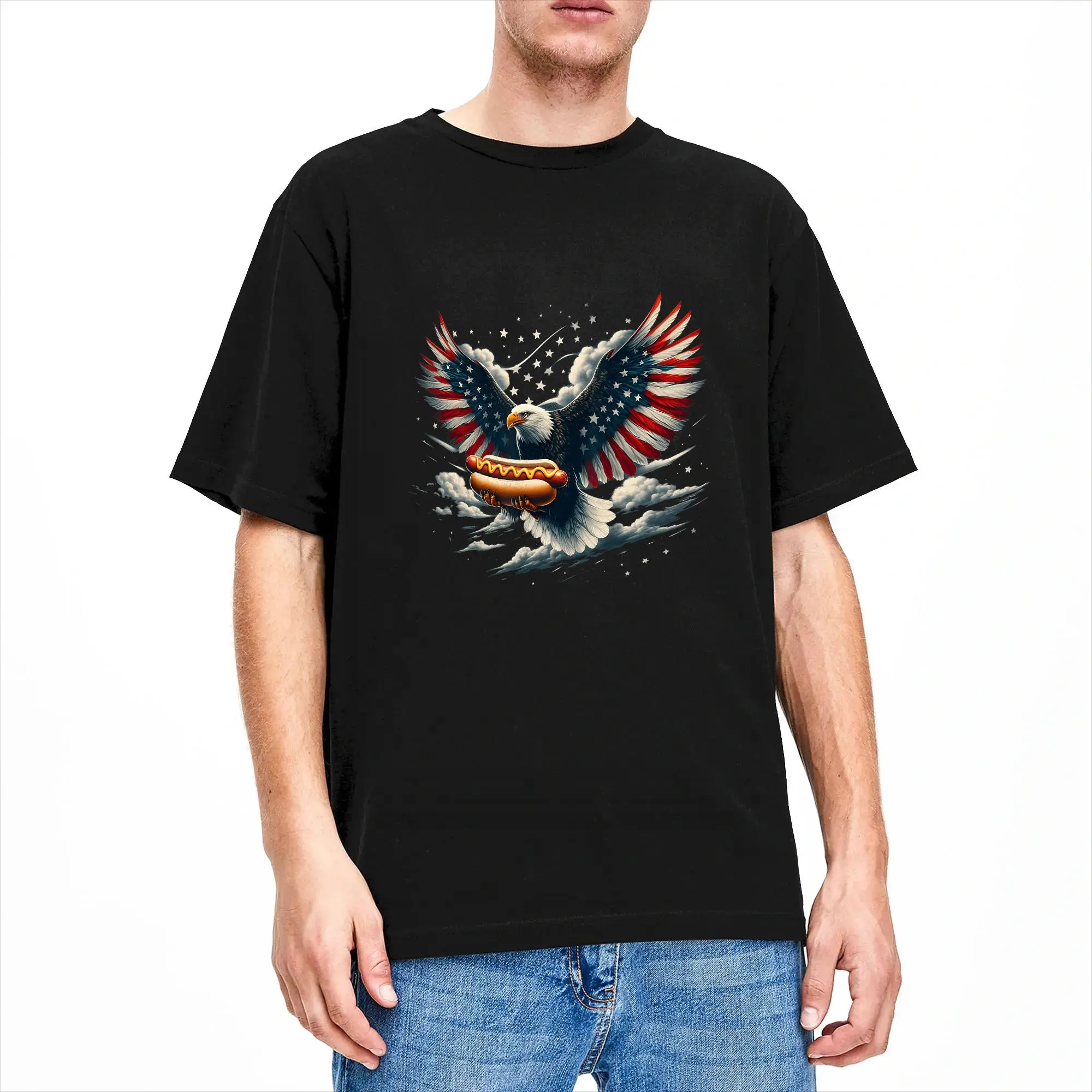 Men Eagle Hotdog 4th of July Patriotic American Flag Usa T-Shirts  100% Cotton Tops Summer Awesome Short Sleeve T-Shirt O-Neck