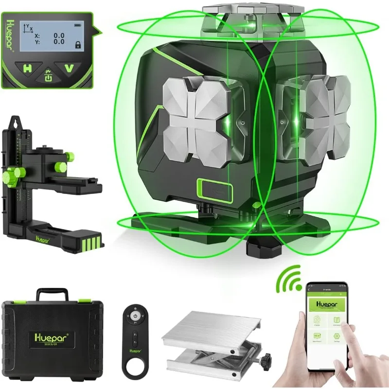 Laser Level 360 Self-Leveling, 4x360° Green Cross Line Laser with LCD Screen, 4D Bluetooth Outdoor Pulse Mode Laser Tool