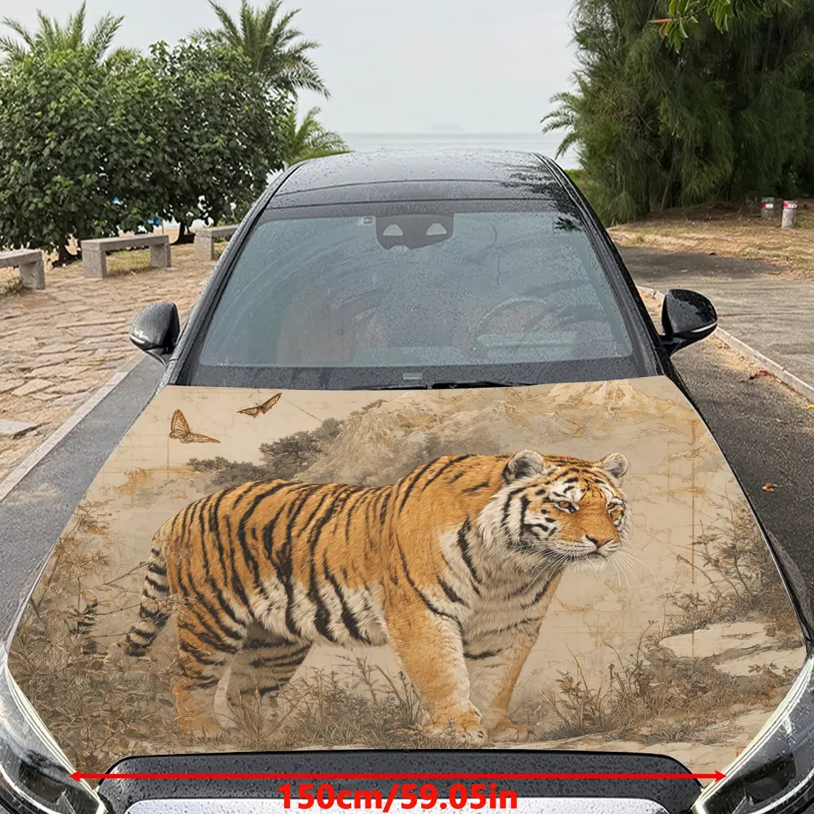 Car Decals Tiger with Striped Fur, a Walking Expression, and an Ink - Wash - Style Scene Car Hood Sticker, Waterproof Self - Adh