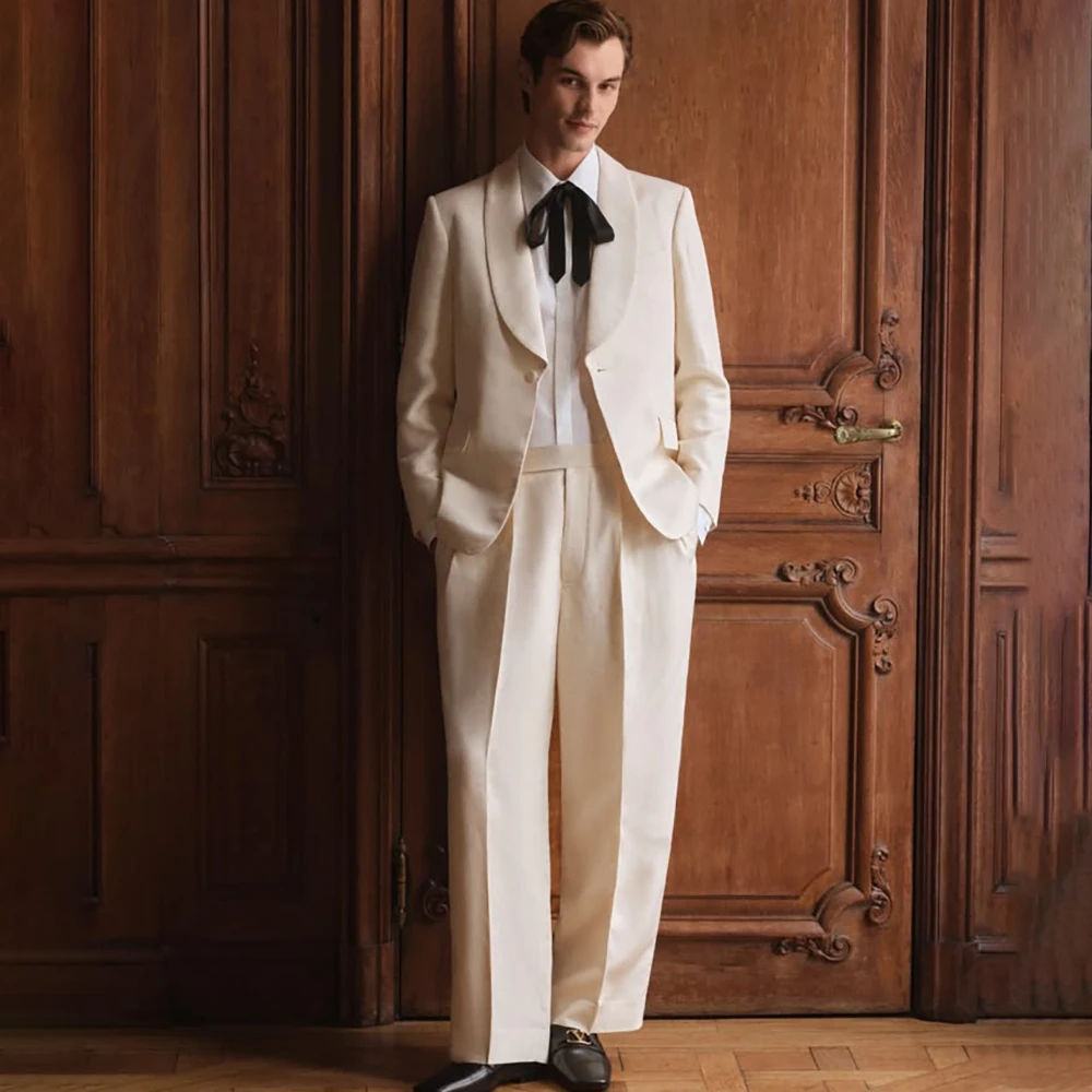 Classic Men Cream-white Shawl Lapel 2Piece Suit Romantic Jacket Wide Leg Pants Elegant Wedding Groom Party Formal Bespoke Outfit