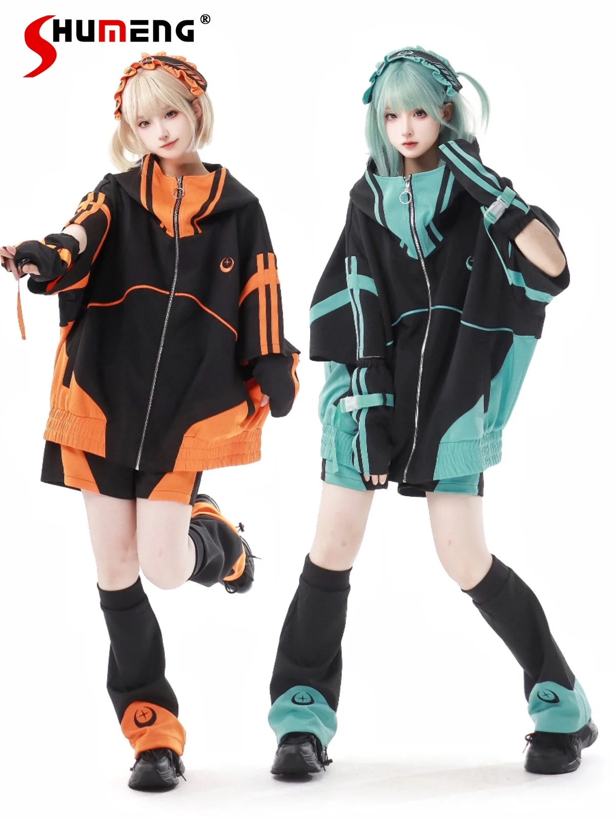 Mine Sportswear Green Black Orange Black Overcoat Japanese Style 2024 New Original Y2K Couple Loose Leg Warmer Shorts Full Set