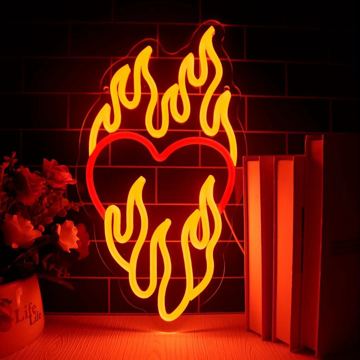 Love Heart Fire Neon Sign Dimmable LED Heart Flame Neon Sign Wall Decor Heart Wall Art Aesthetic Neon Light for Wall Light Gift