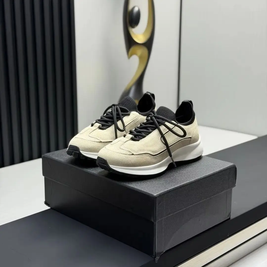 Unisex Beige Black Suede Patchwork Sneakers Lace Up Low Top Casual Sports Shoes