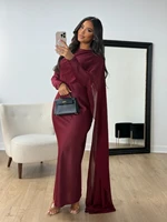 Abaya – Robe de soirée en Satin bordeaux pour femmes, modeste, Simple, offre spéciale, Robe de Cocktail avec Cape latérale, élégante, arabe, manches longues 3