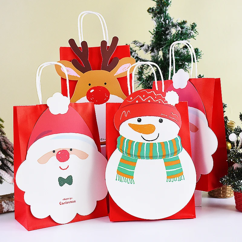 

10Pcs Christmas Kraft Paper Bags Candy Gift Box With Handle Santa Claus Snowman Snack Gift Packing Bags Xmas New Year 2025 Decor