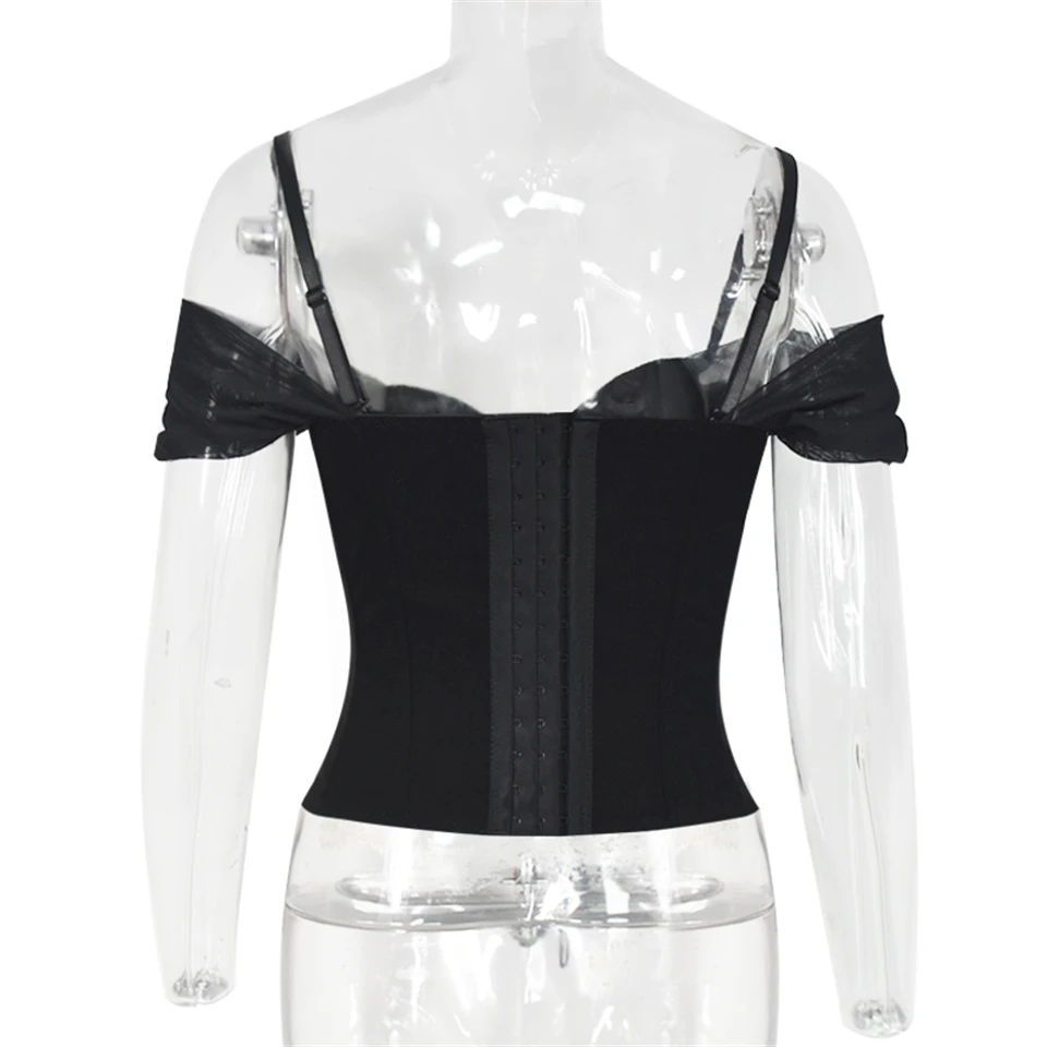 Becirzet Damen Schwarzes Korsett, Drahtloser BH, Sexy Off-Shoulder-Top, Vintage-Fischgrätenmuster, Taillenbetonendes Tanktop – Detail 13
