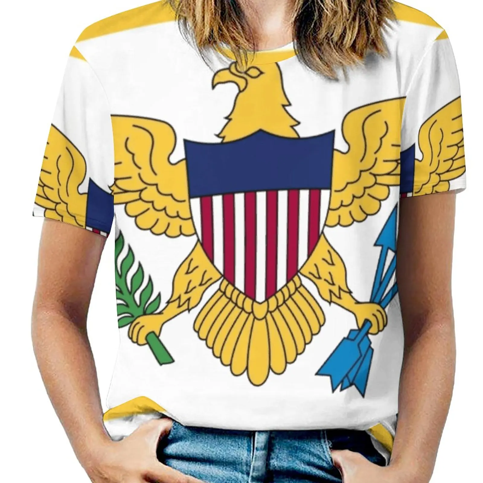 United States Virgin Islands Flag Print O-Neck Off-The-Shoulder Top Short-Sleeved T-Shirt Ladies Streetwear Flag Banner