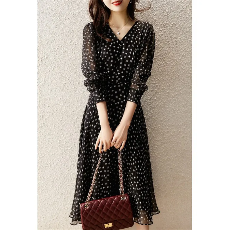 Women's Elegant V-Neck Long Sleeve Floral Print Dress, False Mulberry Silk, Slim, Elegant, Spring Fashion, 2024