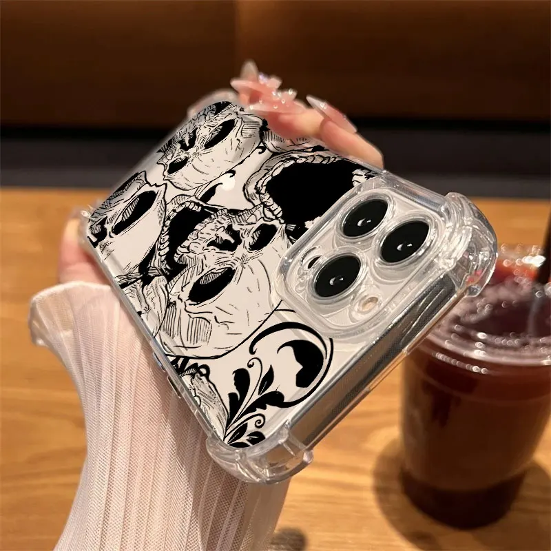 Bonito clássico halloween osso crânio caso de telefone claro para iphone 17 16 14 15 11 12 13 pro max 16e 15 16 plus 17air capa à prova de choque