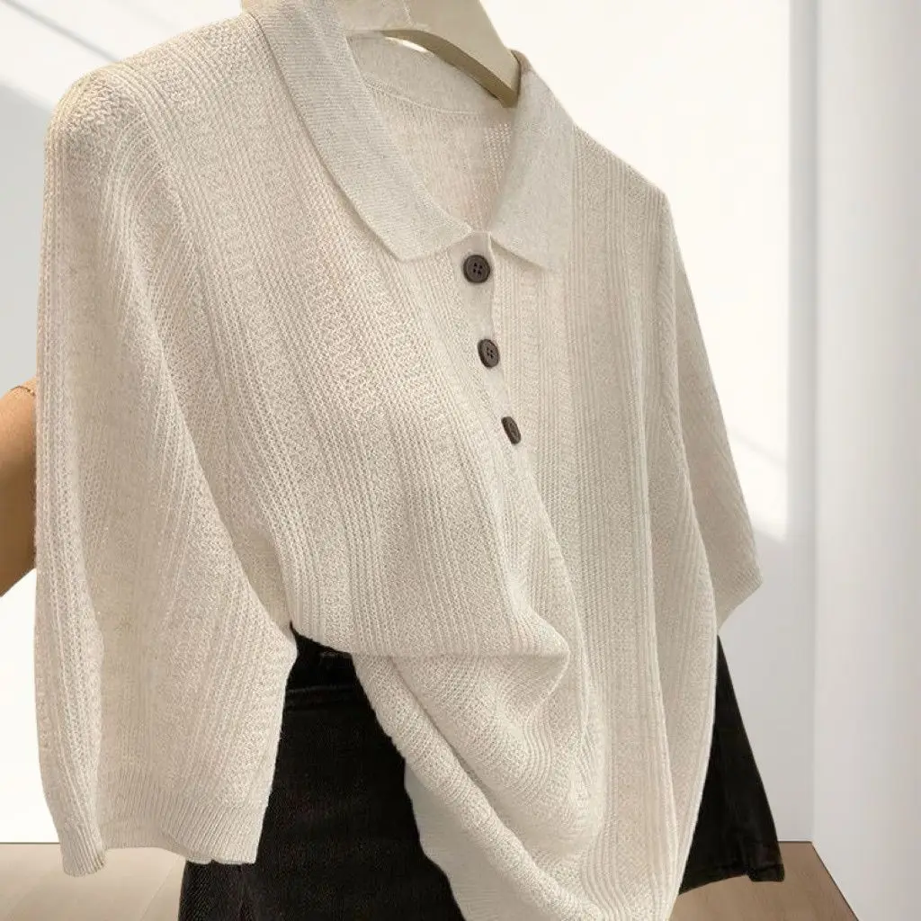 High-end Polo-Neck Short-Sleeve T-Shirt Women's Summer Golf Shirt New Versatile Casual Knit Ice Silk Top Japanese Shirt New