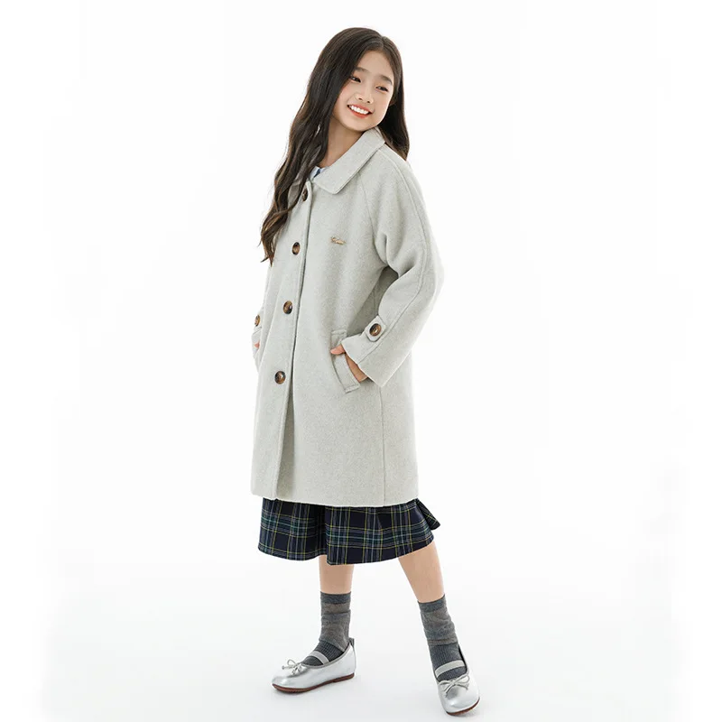 

School Girls Coat Autumn Korean Teenager Girls Turn Down Collar Thicken Overcoat Letter Single-breasted Long Sleeve Outerwear
