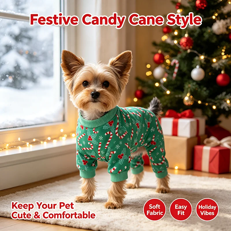 Weihnachtspyjama für Hunde, grüne Zuckerguss-Kleidung für kleine Hunde, Jungen und Mädchen, festliches Haustier-Outfit, Schlafanzug für Hunde, Haustier-Loungewear – Detail 5